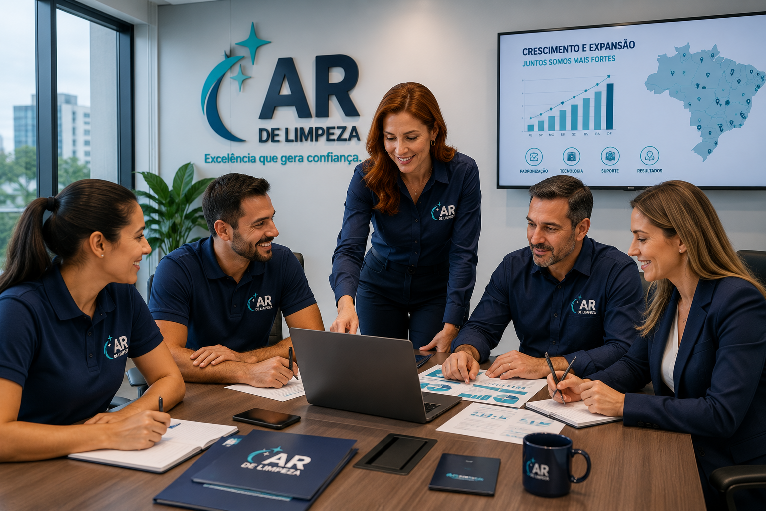 Equipe AR de Limpeza em reunião de expansão da franquia